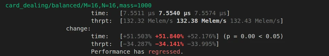 Image of regression testing outputs, showing an increase in function runtime of 51.84%