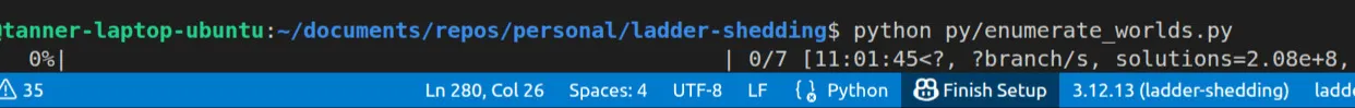 Image of terminal output with progress bar at 0%, the time stamp shows 11hrs and the solutions count shows 2e8.