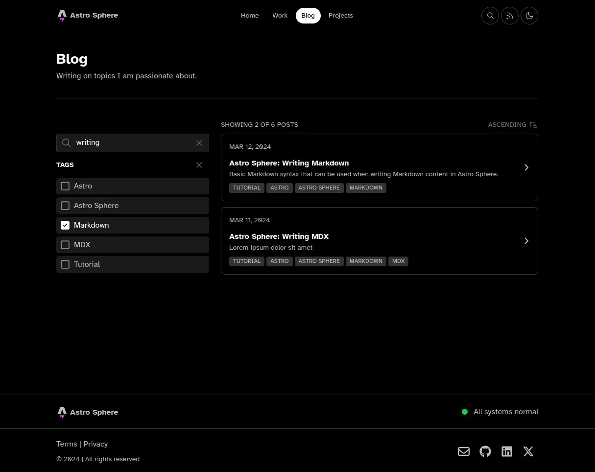 Image of the new Astro Sphere blog search page.
