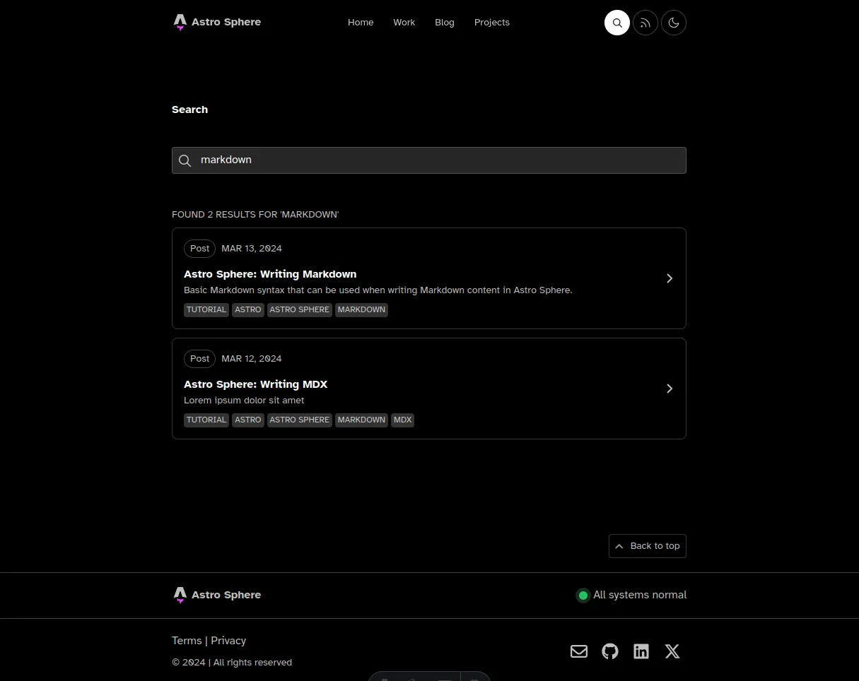 Image of the old Astro Sphere search page.
