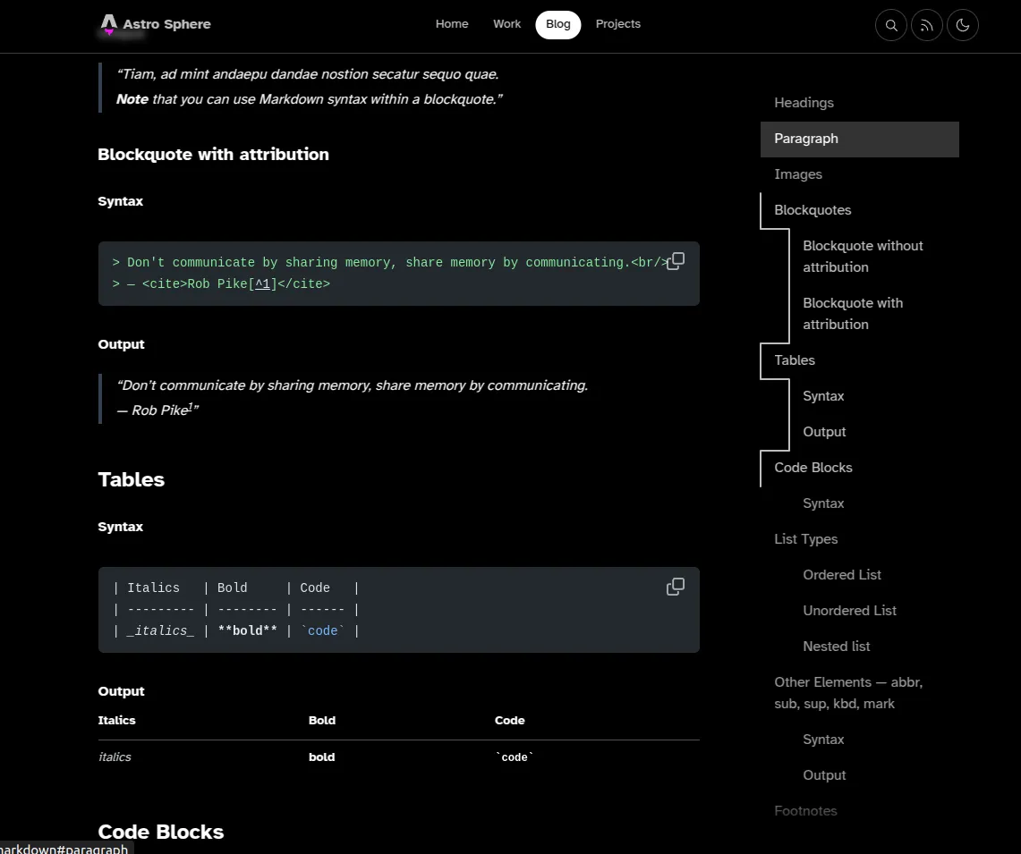 Image of the new Table of Contents component in one of the Astro Sphere example articles.